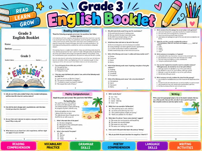 Grade 3 English Practice Booklet | Reading, Vocabulary, Grammar, Poetry & Writing
