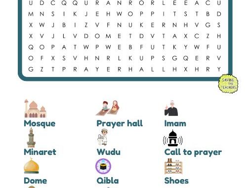 Mosque Features Word Search with Illustrations | RE Activity (Ages 7–9)