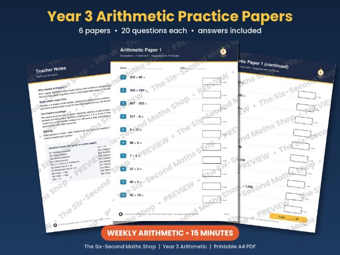Year 3 Arithmetic Practice Papers | 6 Weekly Tests, 20 Questions, Answers