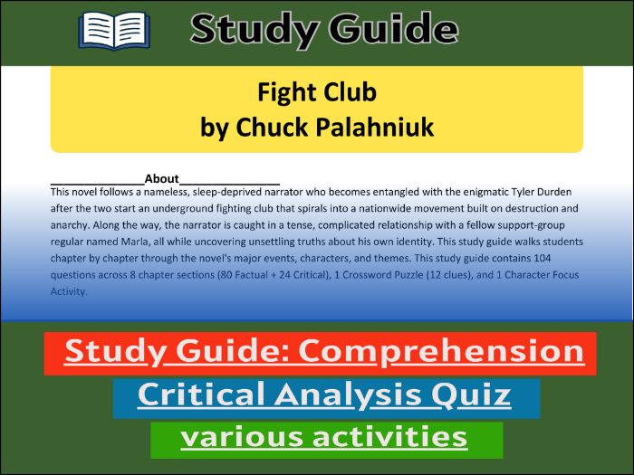 Study Guide for :Fight Club by Chuck Palahniuk  & Comprehension Test