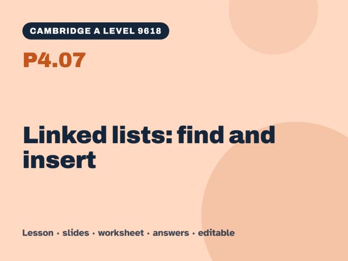 Cambridge A Level Computer Science 9618 – P4.07 Linked lists: find and insert – Lesson & Worksheet