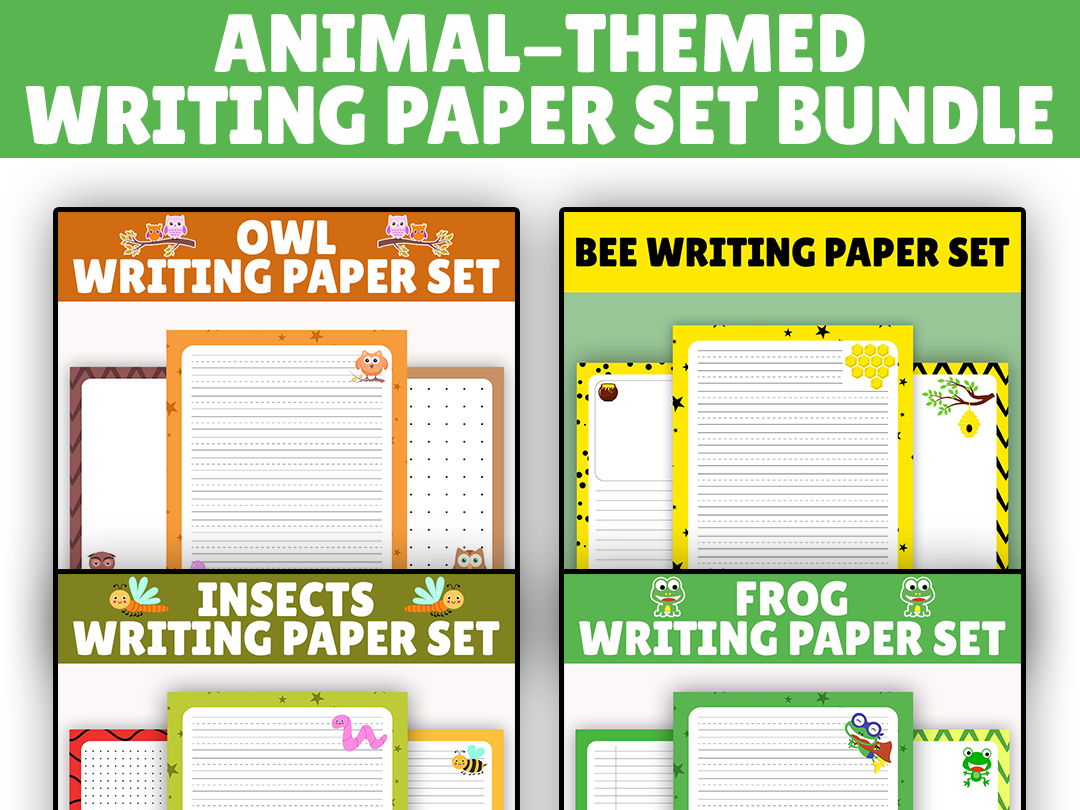 Animal-Themed Writing Paper Set Bundle: Owl, Bee, Insects, Frogs