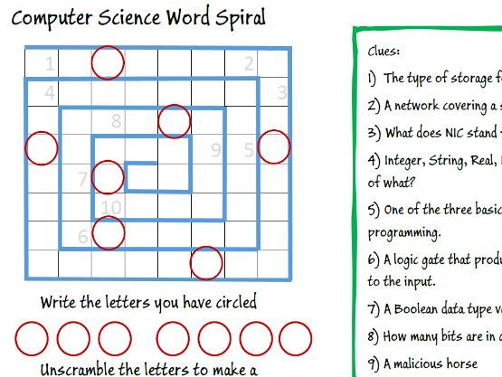 Computer Science Starter Task - Word Spiral Puzzle - KS3, GCSE, A-Level (3rd)