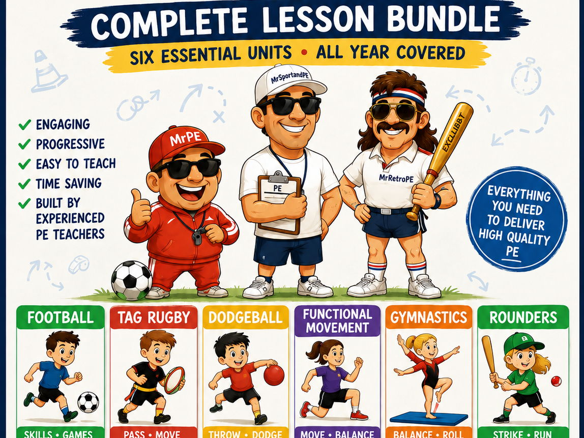 Complete Primary PE Curriculum Bundle Ready-to-Teach PE Lessons Football, Tag Rugby, Rounders, Gymnastics & More