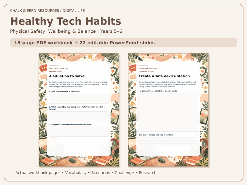 Healthy Tech Habits | Screen Time, Physical Safety & Digital Wellbeing | Years 5–6 | Workbook & Powe