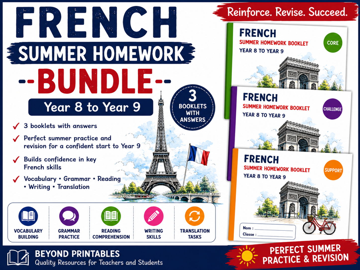 French Summer Homework Year 8 to Year 9 Complete Bundle | Support, Core & Challenge | With Answers