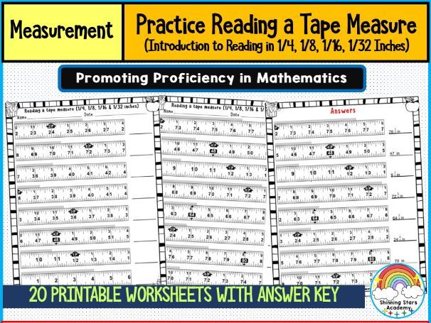 Reading a Tape Measure (1/4, 1/8, 1/16, 1/32 Inches) Worksheets | Advanced Measurement Practice