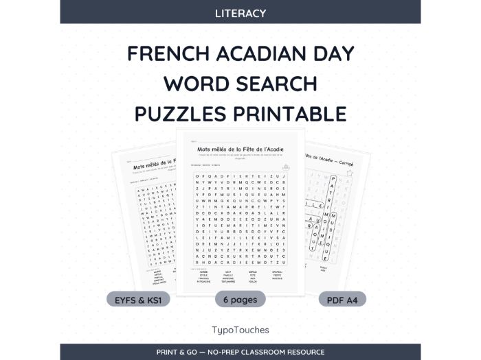 French Acadian Day Word Search | 6 pp
