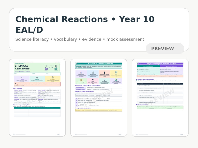 Chemical Reactions –  Stage 5 Literacy sheet