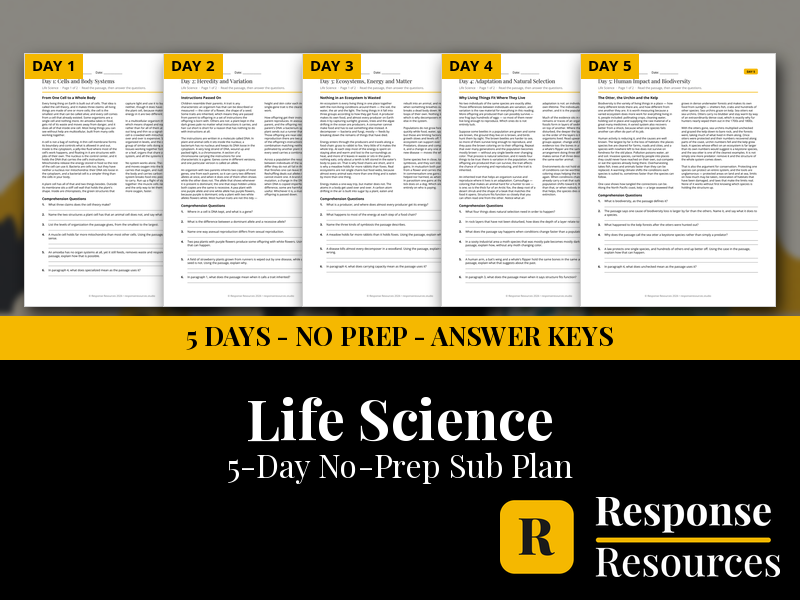 Life Science Emergency Sub Plans - 5 Days No Prep Print and Go Worksheets
