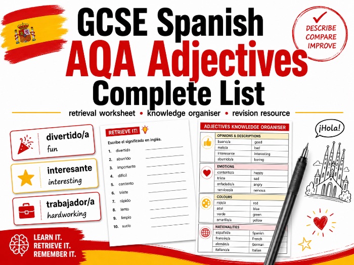 AQA GCSE Spanish Adjectives Vocabulary Knowledge Organiser / Retrieval Resource