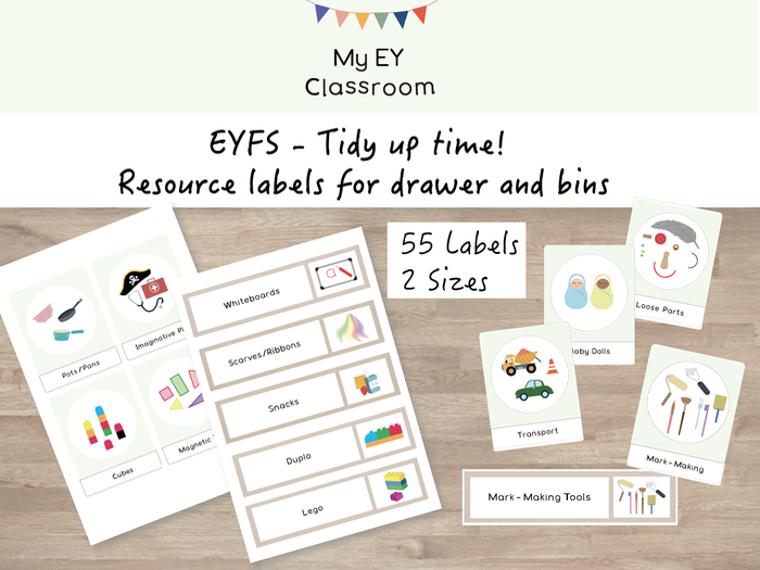 Early Years Classroom Drawer & Bin Labels - 55 Labels - 2 sizes