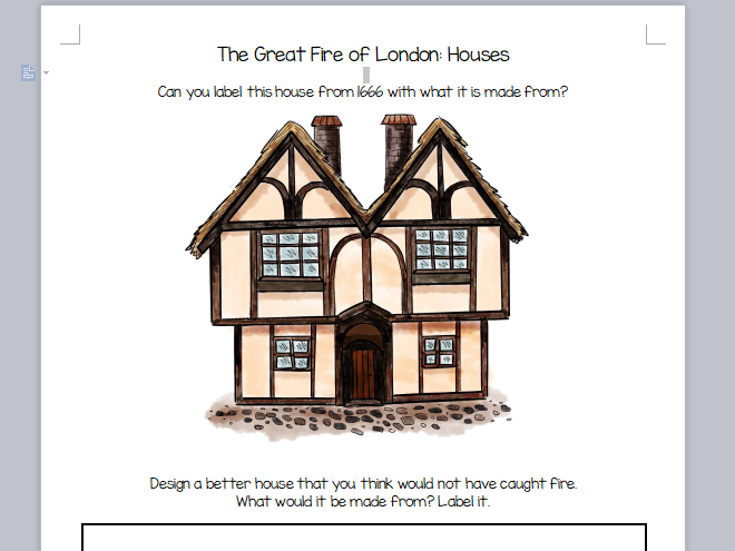 Two KS1 Great Fire of London Worksheets, DT and History looking at Houses in 1666