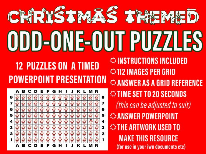 MATHS - CHRISTMAS THEMED - GRID REFERENCE ODD-ONE-OUT PUZZLES