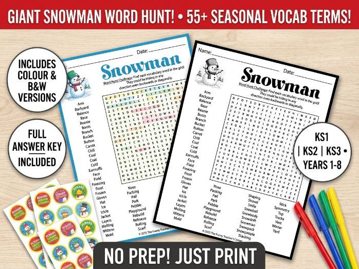 Snowman Word Search | Winter Vocabulary & Seasonal Activity | Early Years KS1 KS2 Years 1-6