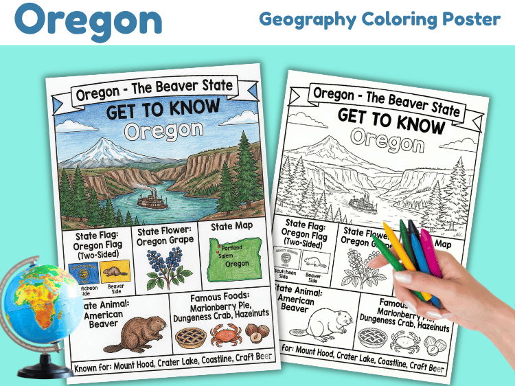 Oregon Geography Coloring Poster | State Facts & Symbols