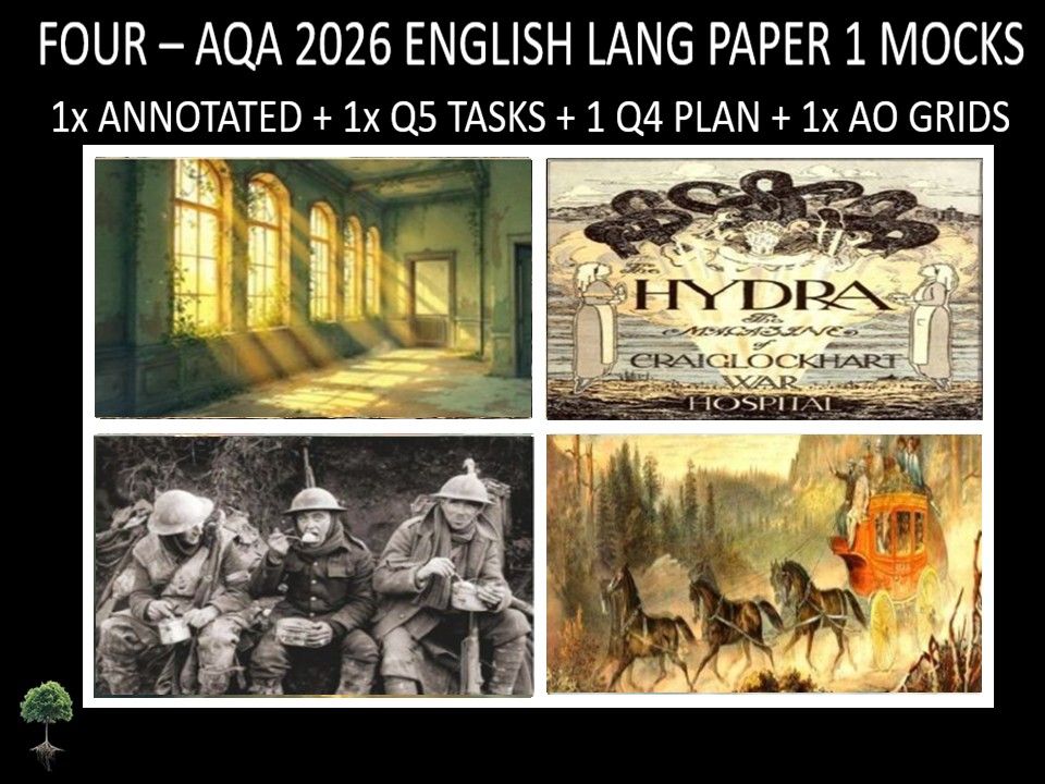 Four AQA 2026 English Language Paper 1 Mocks + Annotated, Q5 Tasks, Q4 Plan, AO Grids