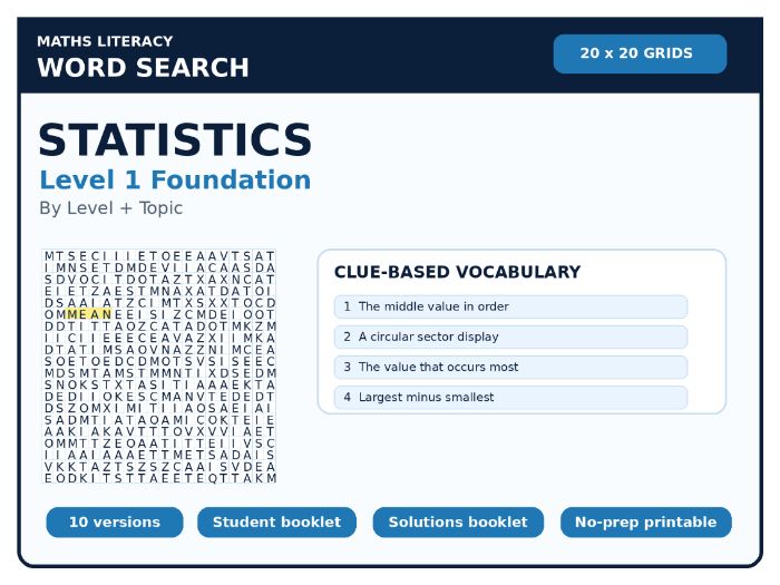 Statistics Level 1 Maths Word Search | 10 Printable Vocabulary Puzzles with Solutions