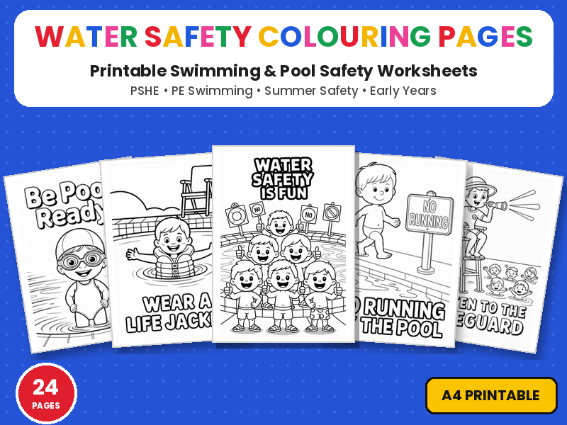 Water Safety Colouring Pages | Printable Colouring Page Worksheets | Swimming & Pool Safety PSHE