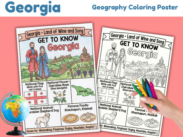 Georgia Country Geography Coloring Poster | Facts & Culture Worksheet