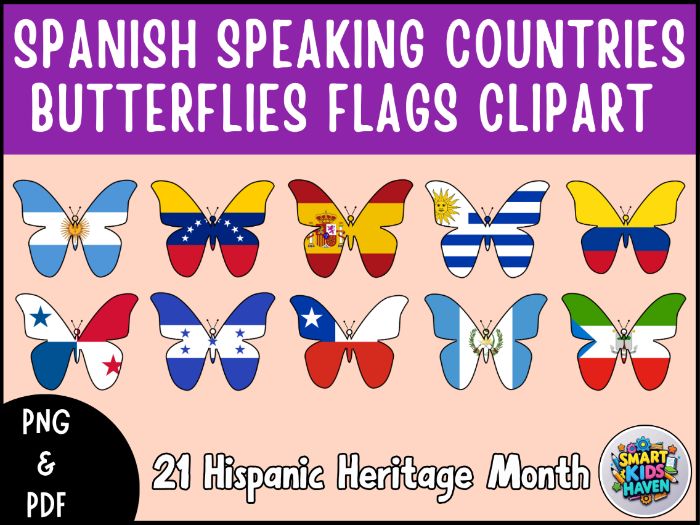 Spanish Speaking Countries Flags Clipart 21 Hispanic Heritage Month Butterflies.