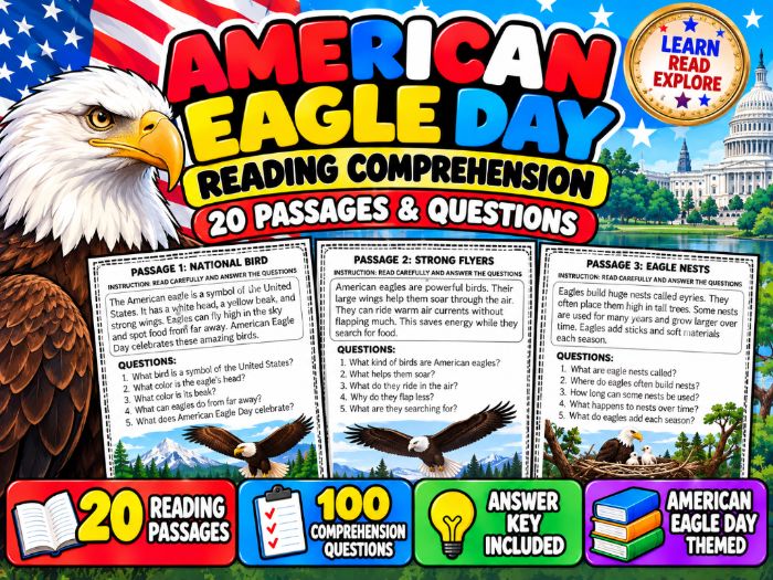 American Eagle Day Reading Comprehension | 20 Passages & Questions