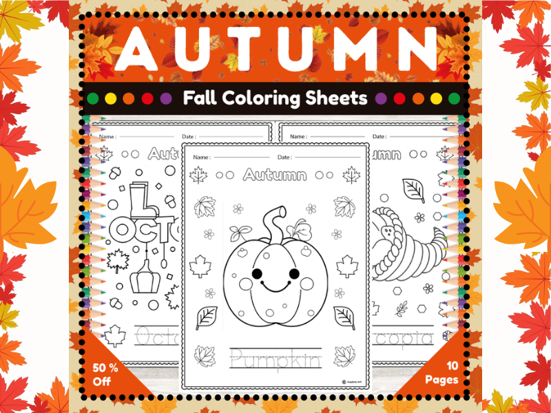 Fall Themed Coloring Pages : Autumn Coloring Sheets with Handwriting Practice