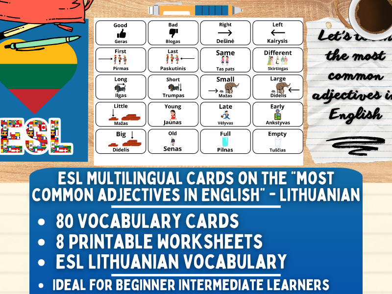 ESL Multilingual Vocabulary Flashcards - Most Common Adjectives - Lithuanian