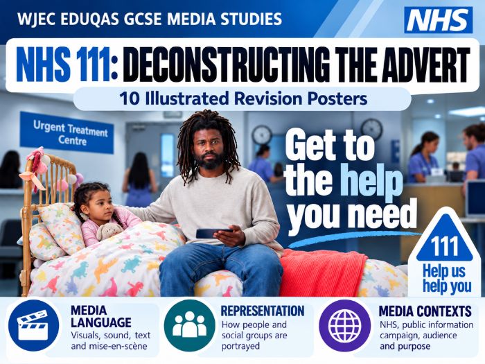 WJEC Eduqas GCSE Media Studies – NHS 111 Help Us Help You (2023) | 10 Illustrated Revision Posters