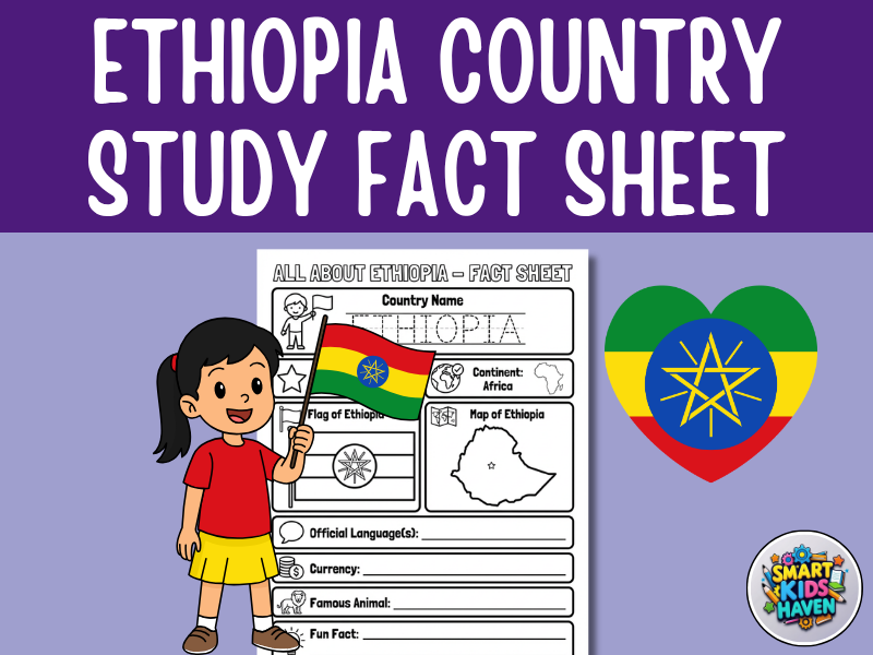 Ethiopia Printable Worksheets Map and Flag Country Study Research Project.