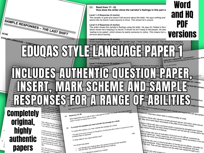 Original Eduqas-style Lang Component 1 including question paper, insert, mark scheme and more