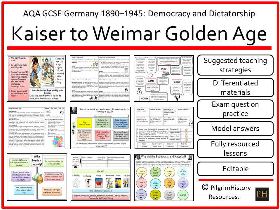 AQA GCSE Germany 1890 - 1945: Democracy and Dictatorship - Kaiser to Weimar Golden Age Lessons & Resources Bundle