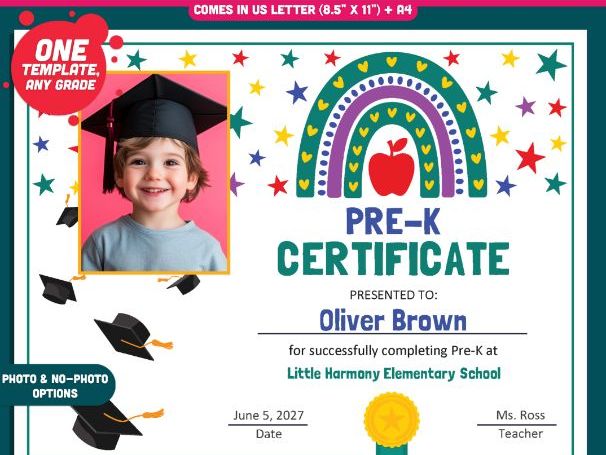 Editable Pre-K Graduation Certificate, Photo and No-Photo Awards, PDF and PowerPoint