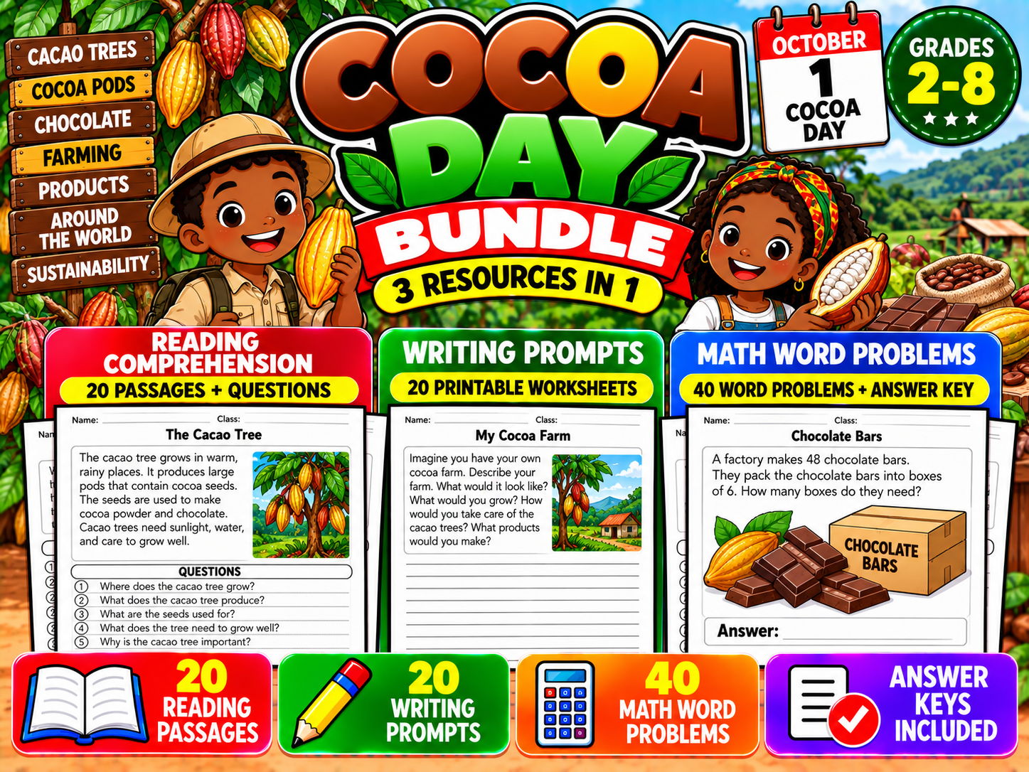 Cocoa Day Activities Bundle | Reading, Writing & Math | Grades 2–8