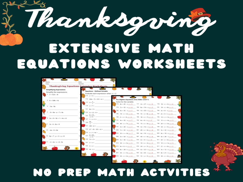 Thanksgiving Equations Extensive Bundle of 24 Worksheets No Prep Autumn activity