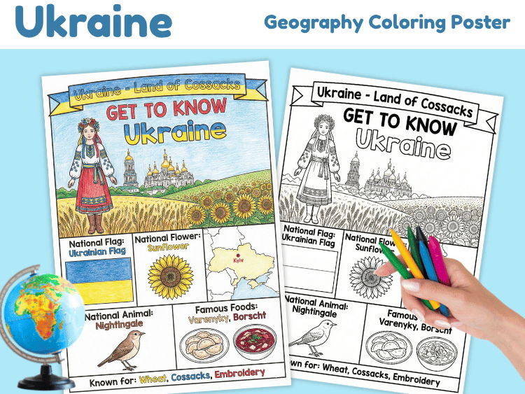 Ukraine Geography Coloring Poster | Country Facts & Map Activity