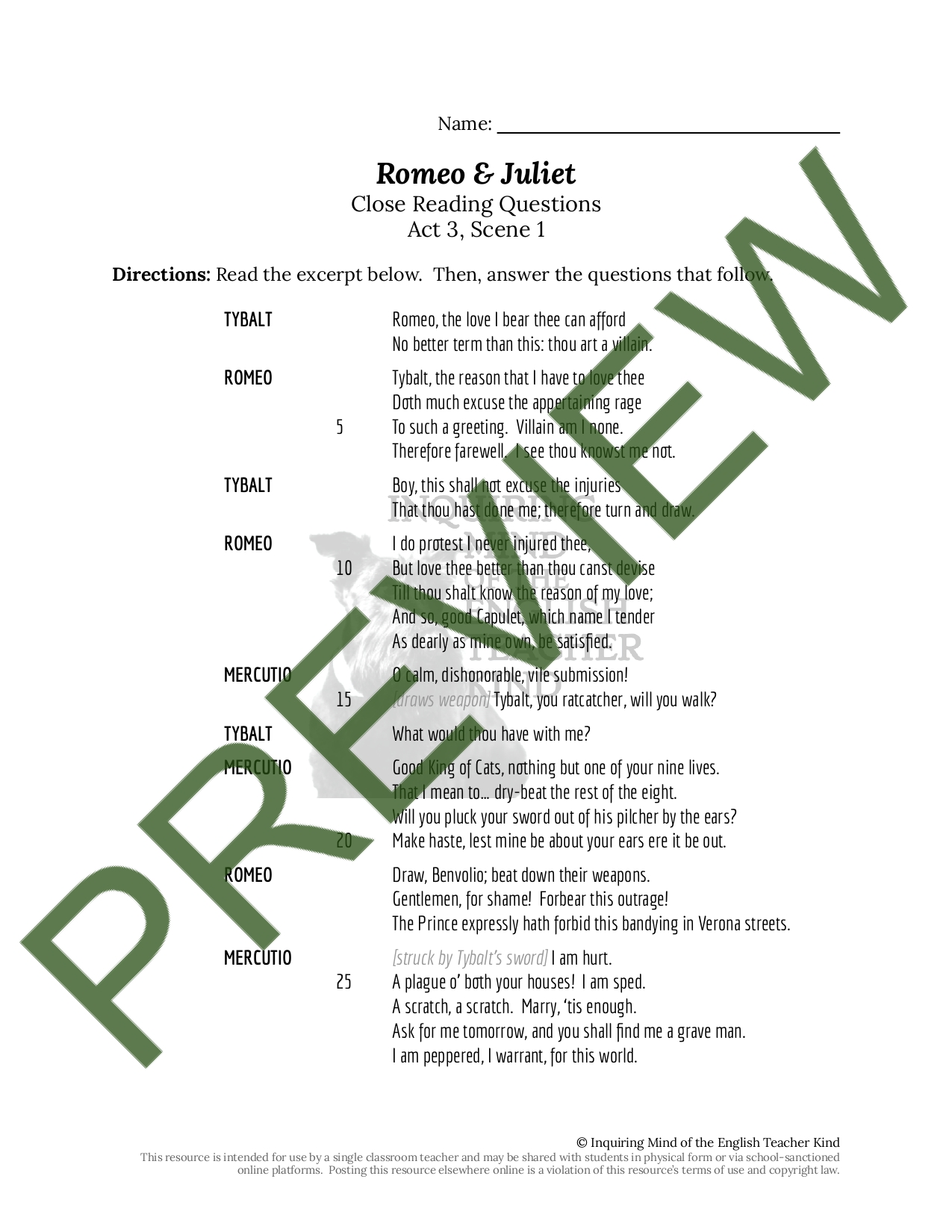 Romeo and Juliet Act 3 Scene 1 Close Reading Worksheet | Teaching Resources