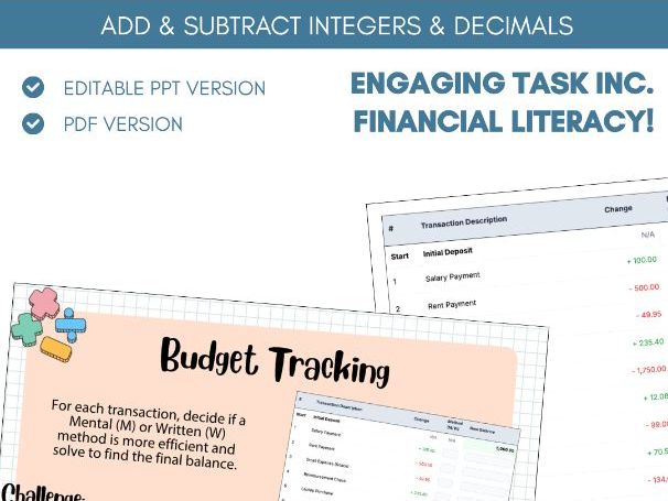 Add & Subtract Integers & Decimals | Finance | Worksheet Task | Four Operations