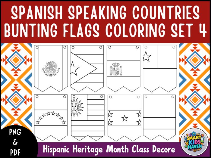 Hispanic Heritage Month Country Flags Coloring Pennants Banner Set 4