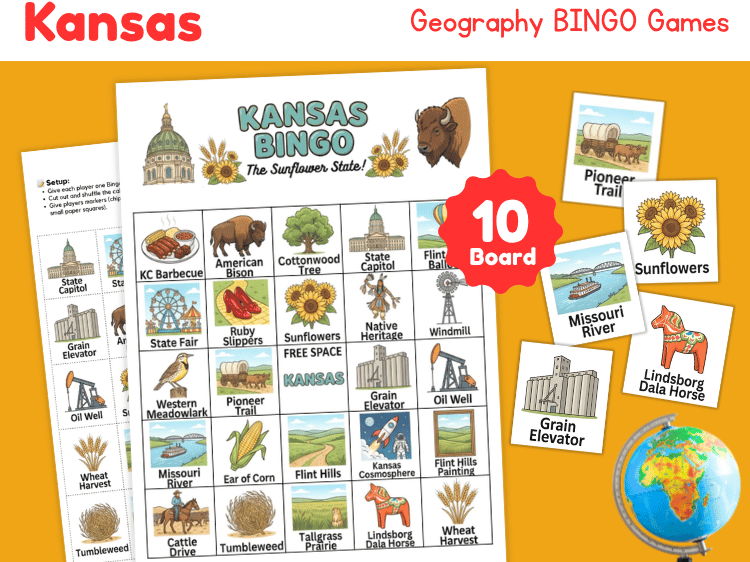 Kansas Geography Bingo | U.S. State Study Printable Game