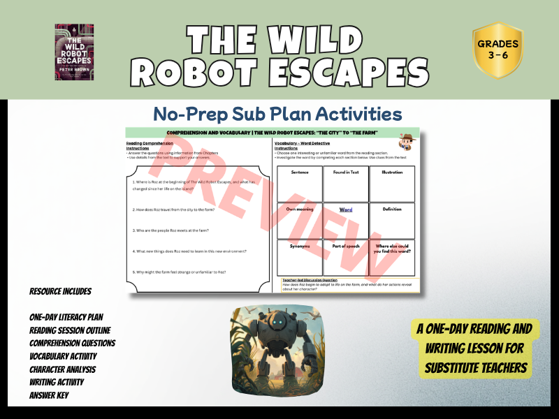 The Wild Robot Escapes No-Prep Sub Plan | Novel Study Activities PDF | Years 4–6