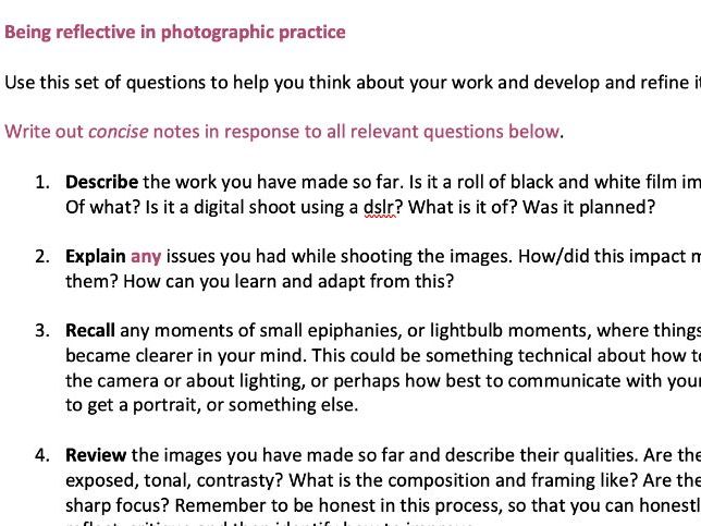 Being Reflective in Photographic Practice Worksheet.