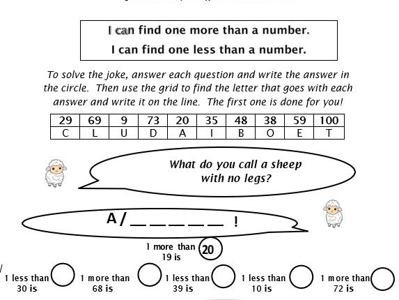 Y1 arithmetic jokes/codes/riddles worksheet set, 1 more or less