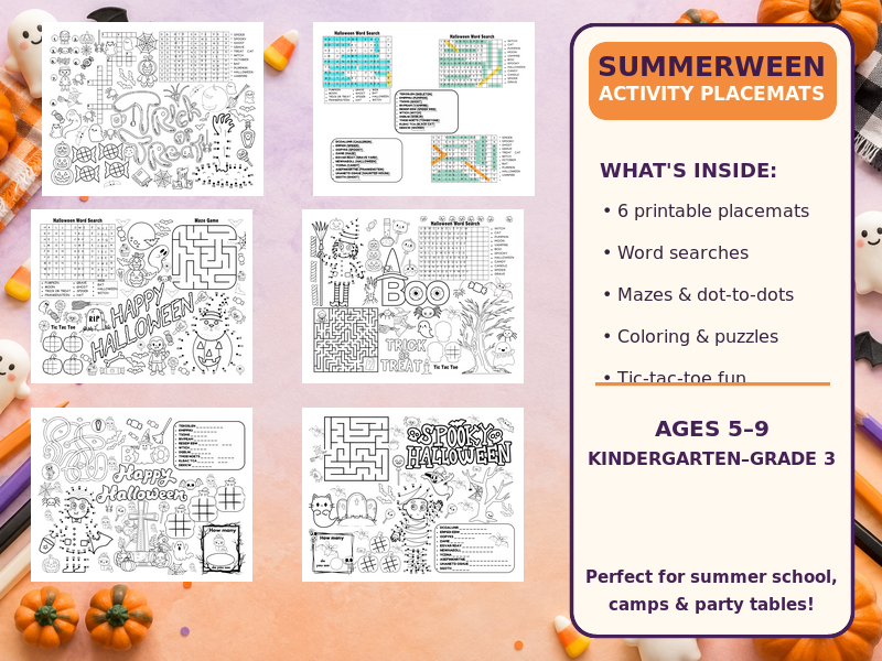 Summerween Halloween Activity Placemats | 6 Spooky Summer School Kindergarten–Grade 3