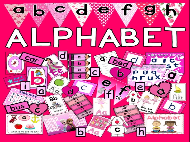 ALPHABET  FLASHCARDS POSTERS WORKSHEETS ACTIVITIES LETTERS ABC girls pink PHONICS ENGLISH EARLY YEAR