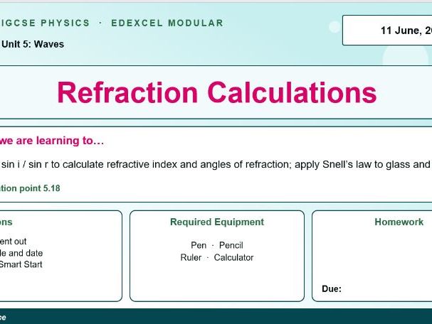 IGCSE Physics: Refraction Calculations — Snell's Law | Edexcel Modular | Unit 5 | L8