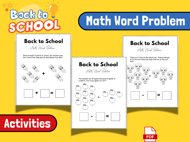 Back to School Math Word Problem Activities for Kids First day morning Work