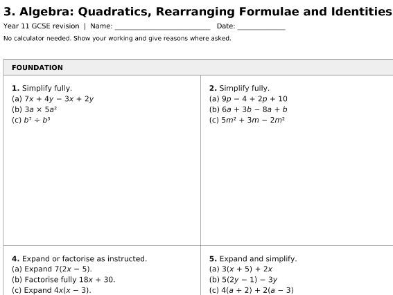 GCSE Maths Algebra Mats & Worked Answers
