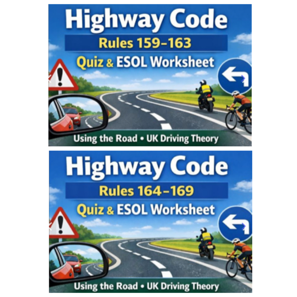 Driving Theory ESOL Bundle | Highway Code Rules 159–169 | Pre-Entry to Entry 3 | Adult ESOL & Functional Skills