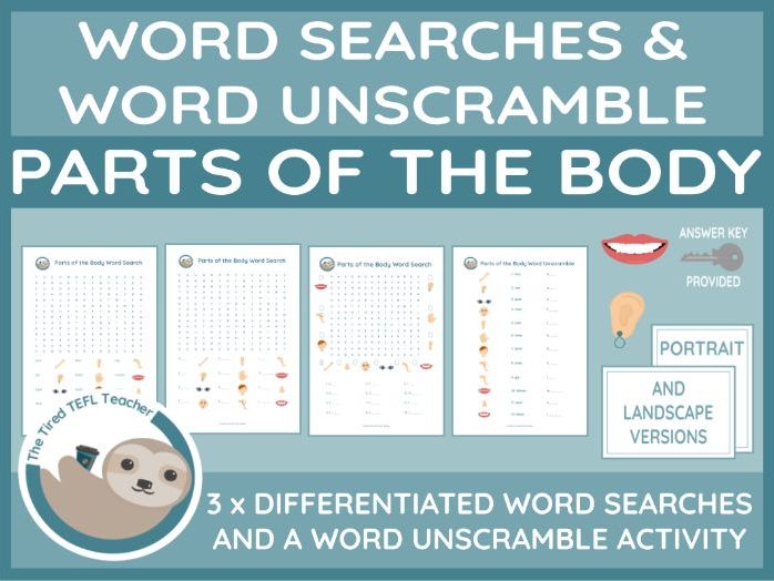 ESL Parts of the Body Differentiated Word Searches and Word Unscramble